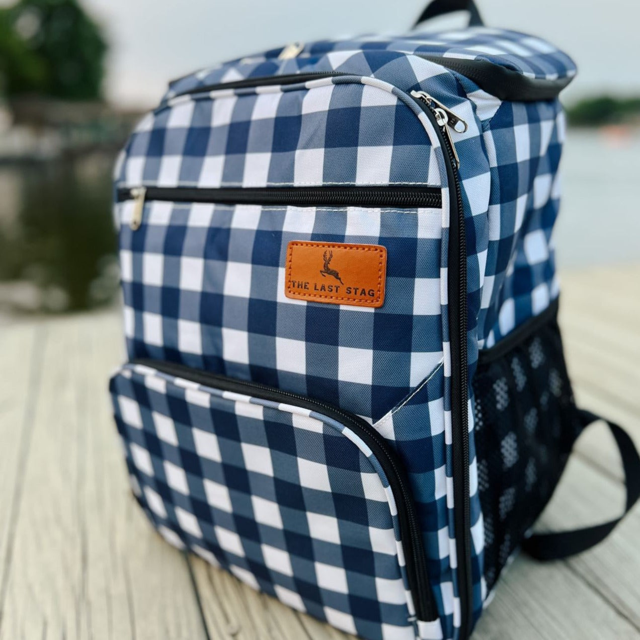 Navy Check Backpack Cooler