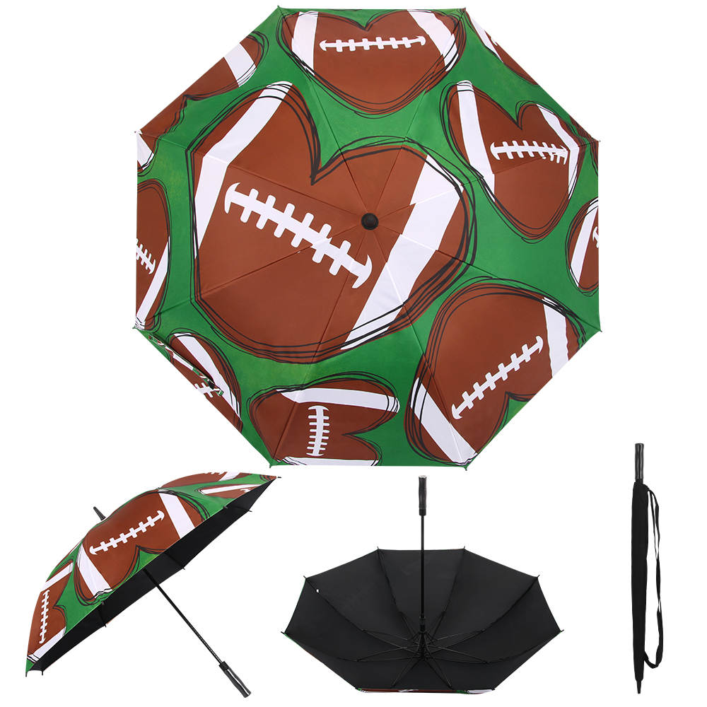 The Last Stag large golf umbrella with football hearts print on it